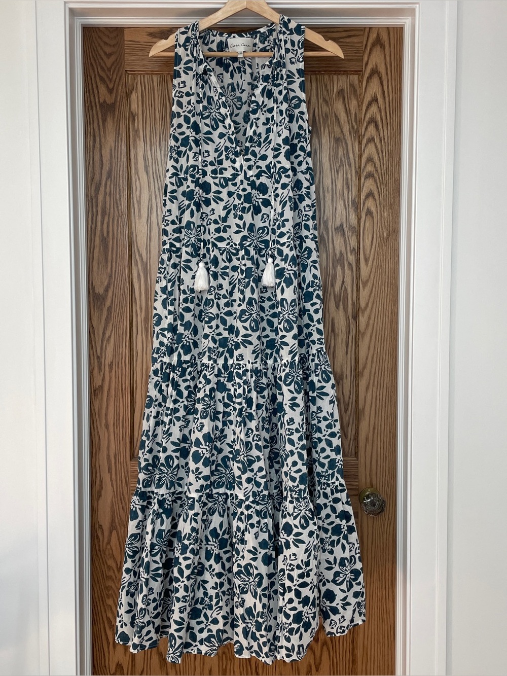 Cara Cara Blue and white tiered Maxi Dress Sleeveless Floral tassels XS S